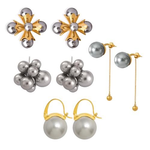 Roestvrij staal Stud Earrings, 304 roestvrij staal, met Shell Pearl, plated, mode sieraden & verschillende stijlen voor de keuze & voor vrouw, meer kleuren voor de keuze, Verkocht door pair