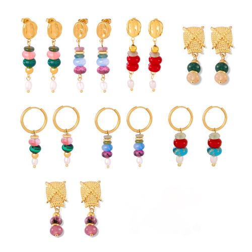 Acier inoxydable Levier Retour Earring, Acier inoxydable 304, avec Pierre naturelle & Shell Pearl & résine, Placage de couleur d'or, bijoux de mode & styles différents pour le choix & pour femme, Vendu par paire