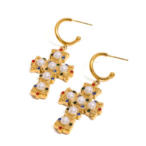 Roestvrij staal Stud Earrings, 304 roestvrij staal, met Plastic Pearl, Oversteken, plated, mode sieraden & voor vrouw & met strass, gouden, Verkocht door PC