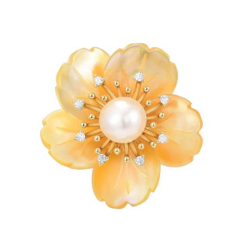 Shell Brooch Brass with Shell & Freshwater Pearl plated micro pave cubic zirconia & for woman golden Sold By PC