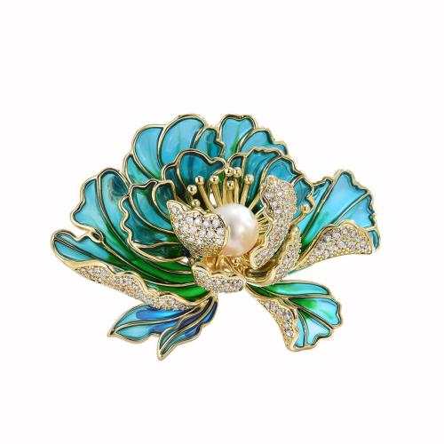 Enamel Brooch Brass with Freshwater Pearl micro pave cubic zirconia & for woman golden Sold By PC