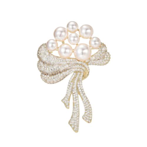 Cubic Zirconia Spilla, ottone, with Shell Pearl, placcato, Micro spianare cubic zirconia & per la donna, dorato, 72x47mm, Venduto da PC