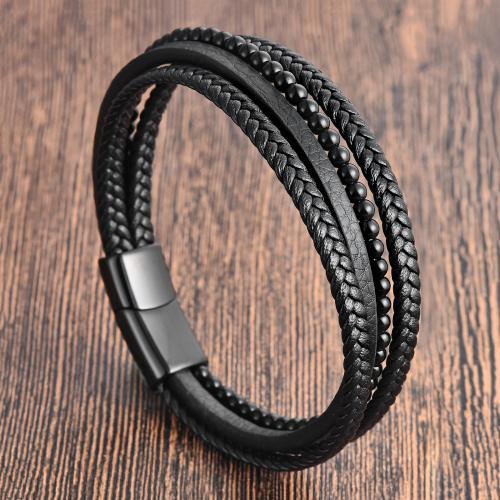 PU Leather Cord Bracelets polished for man 210mm Sold By PC