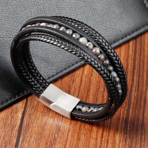 PU Leather Cord Bracelets with Gemstone polished & for man 210mm Sold By PC