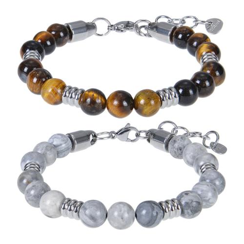 Gemstone Bracelets Natural Stone with 304 Stainless Steel silver color plated & Unisex nickel lead & cadmium free Length 6.6-8.5 Inch Sold By PC