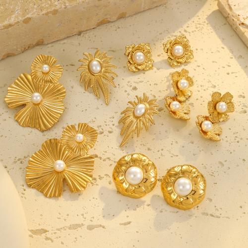 Roestvrij staal Stud Earrings, 304 roestvrij staal, met Plastic Pearl, Bloem, 18K verguld, mode sieraden & verschillende stijlen voor de keuze & voor vrouw, Verkocht door pair