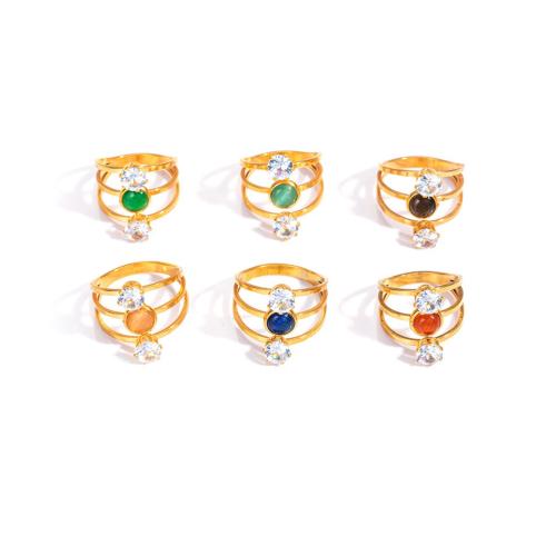 Rhinestone Stainless Steel Finger Ring 304 Stainless Steel with Natural Stone 18K gold plated for woman & with rhinestone & hollow Sold By PC