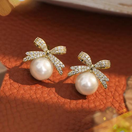 Cubic Zirconia Micro Pave Brass Earring with Plastic Pearl Bowknot fashion jewelry & micro pave cubic zirconia & for woman golden Sold By Pair