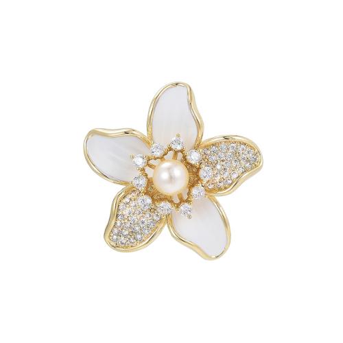 Cubic Zirconia Spilla, ottone, with Shell Pearl, placcato, Micro spianare cubic zirconia & per la donna & smalto, dorato, 25x25mm, Venduto da PC