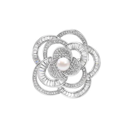 Cubic Zirconia Spilla, ottone, with perla d'acquadolce coltivata naturalmente, Micro spianare cubic zirconia & per la donna, argento, 43x43mm, Venduto da PC