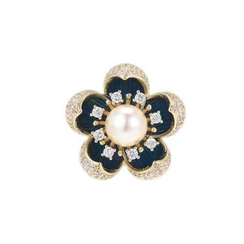 Cubic Zirconia Spilla, ottone, with Shell Pearl, placcato, Micro spianare cubic zirconia & per la donna, dorato, 22x22mm, Venduto da PC