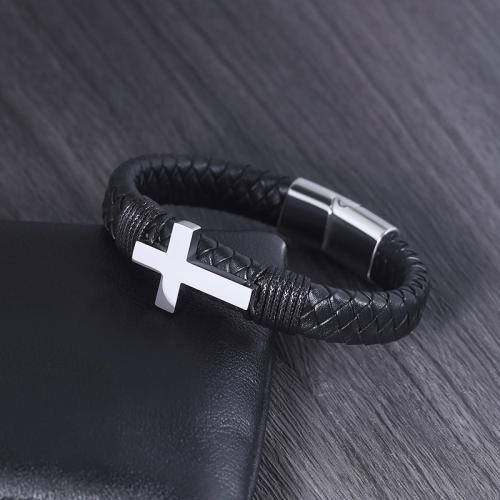 Titanium Steel Bracelet with PU Leather Cross & for man Sold By PC