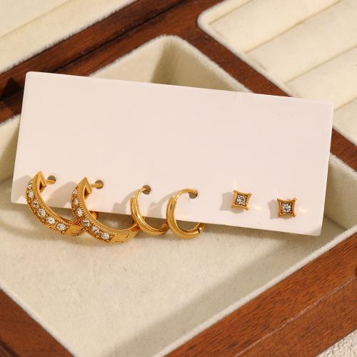 Stainless Steel Stud Earrings 304 Stainless Steel gold color plated three pieces & for woman & with rhinestone Sold By Set