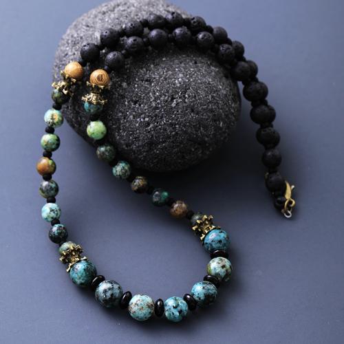 Natural Gemstone Necklace Lava with African Turquoise Unisex Length 45-50 cm Sold By PC