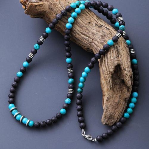 Fashion Turquoise Ketting, turkoois, met Lava & Zwarte Agaat, voor de mens, Lengte 70 cm, Verkocht door PC