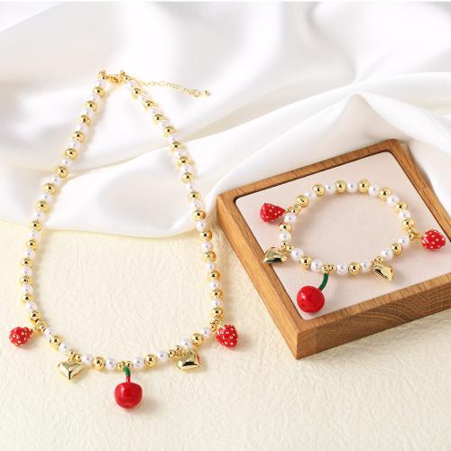 Brass Jewelry Set with Plastic Pearl gold color plated fashion jewelry & enamel golden nickel lead & cadmium free Sold By PC