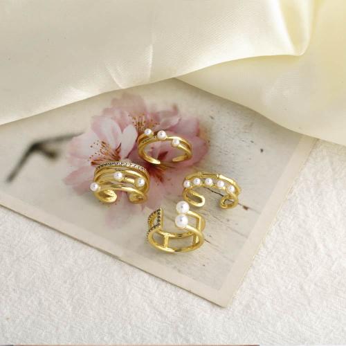 Cubic Zirconia Micro Pave Brass Ring with Plastic Pearl gold color plated fashion jewelry & micro pave cubic zirconia gold nickel lead & cadmium free Sold By PC