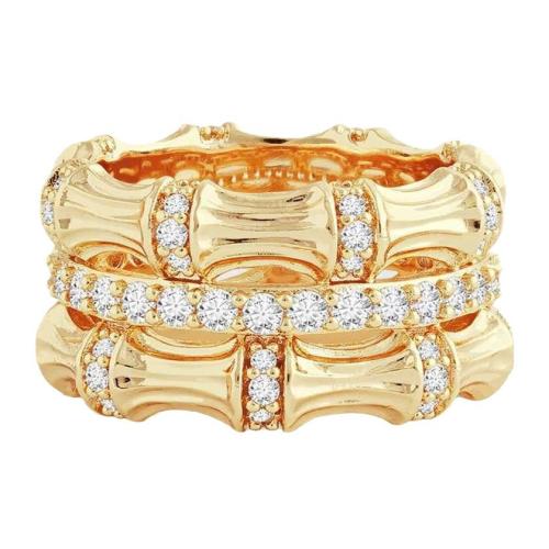 Bague en acier inoxydable zircons cubiques, Acier inoxydable 304, Plaqué or 18K, trois couches & pavé de micro zircon & pour femme, Taille:6, Vendu par PC