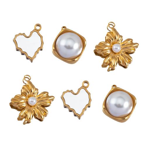 Stainless Steel Pendants 304 Stainless Steel with Plastic Pearl plated DIY golden Sold By Bag