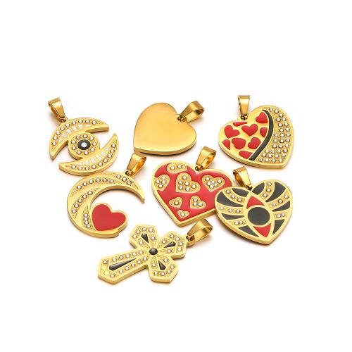 Stainless Steel Pendants 304 Stainless Steel plated DIY & enamel & with rhinestone golden Sold By Bag