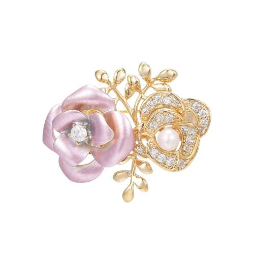 South Sea Shell broche, Messing, med Shell Pearl, forgyldt, Micro Pave cubic zirconia & for kvinde, gylden, 25x30mm, Solgt af PC