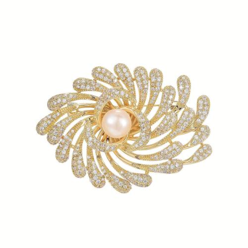 South Sea Shell Brooch Brass with Shell Pearl plated micro pave cubic zirconia & for woman golden Sold By PC