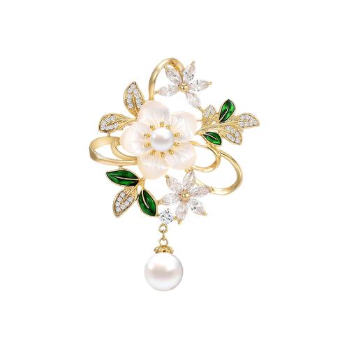 South Sea Shell broche, Messing, med Shell Pearl, forgyldt, Micro Pave cubic zirconia & for kvinde, gylden, 43x58mm, Solgt af PC