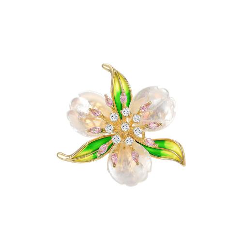 Shell Brooch Brass with Shell plated micro pave cubic zirconia & for woman & enamel golden Sold By PC