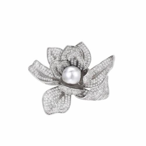 South Sea Shell Brooch Brass with Shell Pearl plated micro pave cubic zirconia & for woman silver color Sold By PC