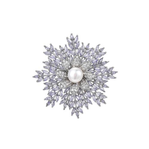 Freshwater Pearl Broche, Messing, med Ferskvandsperle, forgyldt, Micro Pave cubic zirconia & for kvinde, sølv, 49x49mm, Solgt af PC