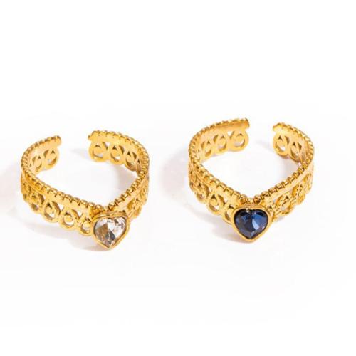 Rhinestone Stainless Steel Finger Ring 304 Stainless Steel gold color plated for woman & with rhinestone & hollow Sold By PC