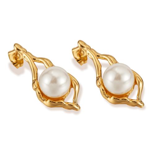 Stainless Steel Stud Earrings 304 Stainless Steel with Plastic Pearl plated fashion jewelry & for woman & hollow golden Sold By Pair