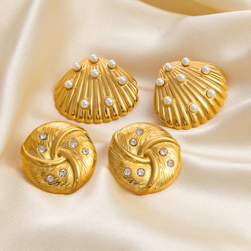 Stainless Steel Stud Earrings 304 Stainless Steel Shell & for woman & with rhinestone golden Sold By Pair