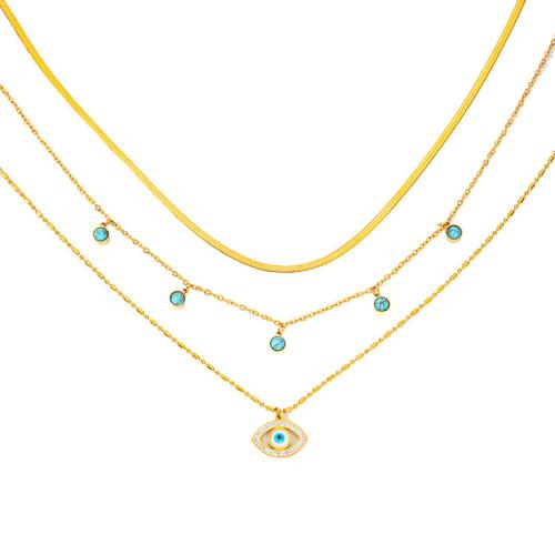 Stainless Steel Jewelry Necklace 304 Stainless Steel with turquoise plated three layers & for woman & with rhinestone & hollow golden Sold By PC