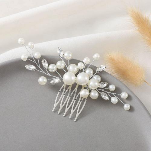 Plastic Pearl Decorative Hair Comb with brass wire handmade fashion jewelry & for woman & with rhinestone Sold By PC