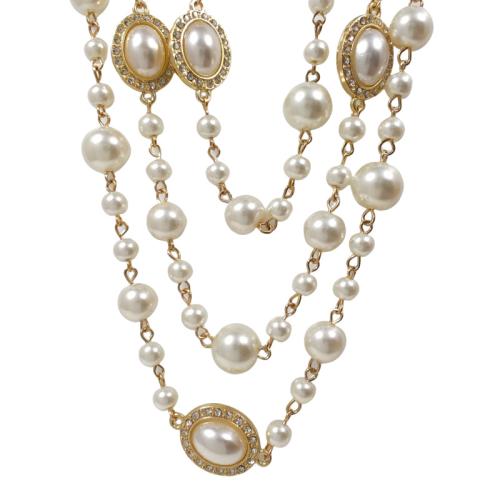 Plastic Pearl Necklace with Zinc Alloy gold color plated for woman & with rhinestone Length Approx 112 Inch Sold By PC