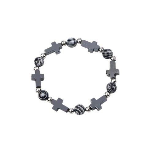 hématite non magnétique bracelet, avec alliage de zinc, croix, fait à la main, bijoux de mode & unisexe, Longueur Environ 6-8 pouce, Vendu par PC