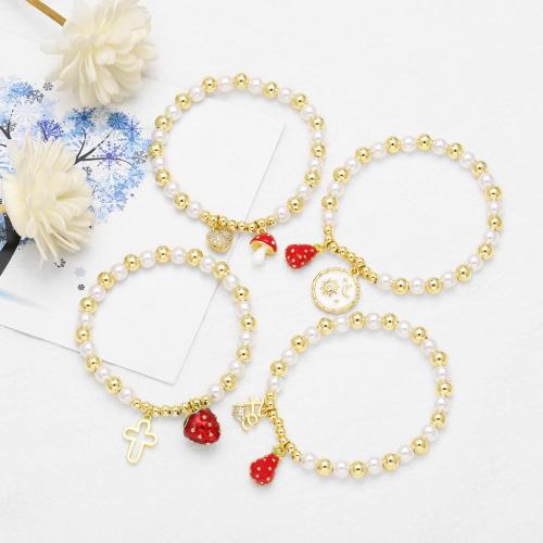 Cubic Zirconia Micro Pave Brass Bracelet with Plastic Pearl gold color plated fashion jewelry & micro pave cubic zirconia & enamel nickel lead & cadmium free Sold By PC