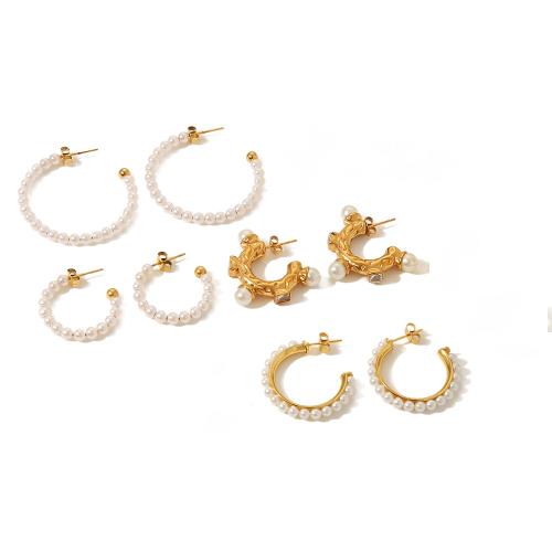 Roestvrij staal Stud Earrings, 304 roestvrij staal, met Plastic Pearl, 18K verguld, mode sieraden & verschillende stijlen voor de keuze & voor vrouw, Verkocht door pair