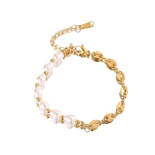 Stainless Steel Jewelry Bracelet 304 Stainless Steel with Plastic Pearl with 5cm extender chain plated fashion jewelry & for woman golden Length 17 cm Sold By PC