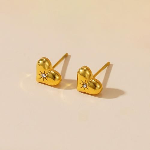 Stainless Steel Stud Earrings 304 Stainless Steel Heart plated fashion jewelry & micro pave cubic zirconia & for woman golden Sold By Pair