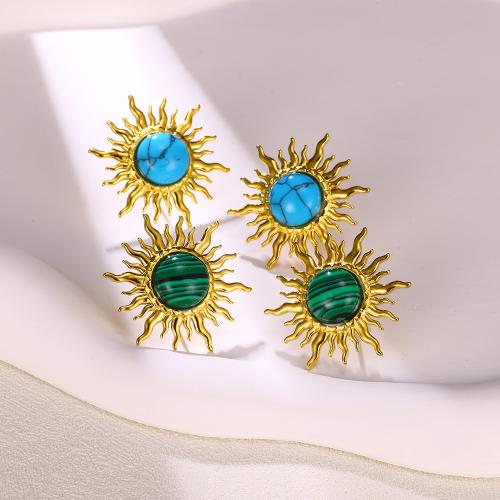 Stainless Steel Stud Earrings 304 Stainless Steel with turquoise Flower 18K gold plated fashion jewelry & for woman Sold By Pair