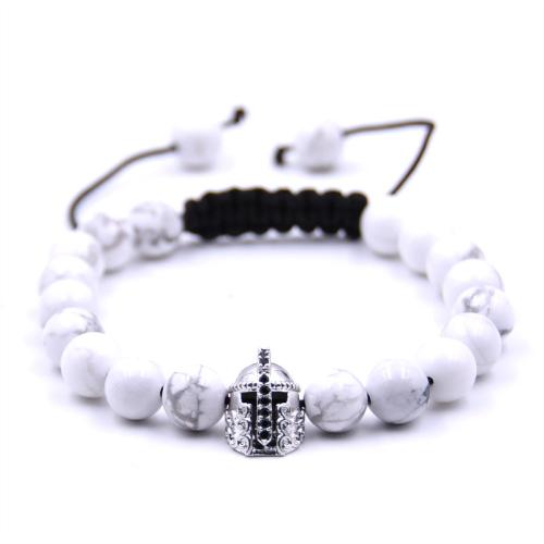 Gemstone Bracelets Brass with Knot Cord & Natural Stone Helmet silver color plated Adjustable & Unisex & micro pave cubic zirconia nickel lead & cadmium free Length 16 cm Sold By PC