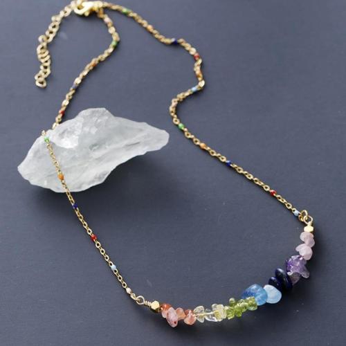 Natural Gemstone Necklace Natural Stone with Gemstone gold color plated for woman mixed colors Length 45 cm Sold By PC