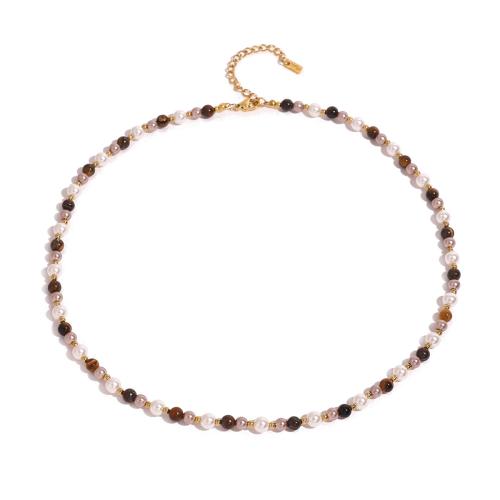 Stainless Steel Jewelry Necklace 304 Stainless Steel with Tiger Eye & Glass Pearl with 1.96 Inch extender chain plated fashion jewelry & for woman Length 16.53 Inch Sold By PC