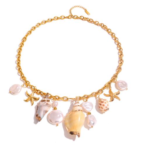 Roestvrij staal halskettingen, 304 roestvrij staal, met Trumpet Shell & Plastic Pearl, met 1.96 Inch extender keten, plated, mode sieraden & voor vrouw, gouden, Lengte 17.7 inch, Verkocht door PC