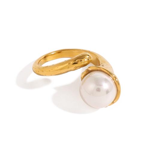 Stainless Steel Finger Ring 304 Stainless Steel with Glass Pearl plated fashion jewelry & for woman golden Sold By PC