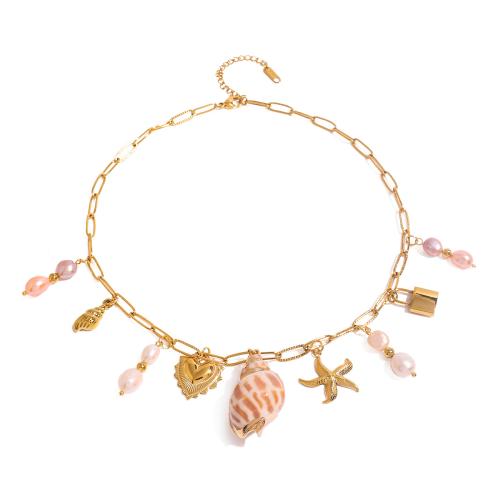 Roestvrij staal halskettingen, 304 roestvrij staal, met Trumpet Shell & Plastic Pearl, met 1.96 Inch extender keten, plated, mode sieraden & voor vrouw, gouden, Lengte 15.7 inch, Verkocht door PC