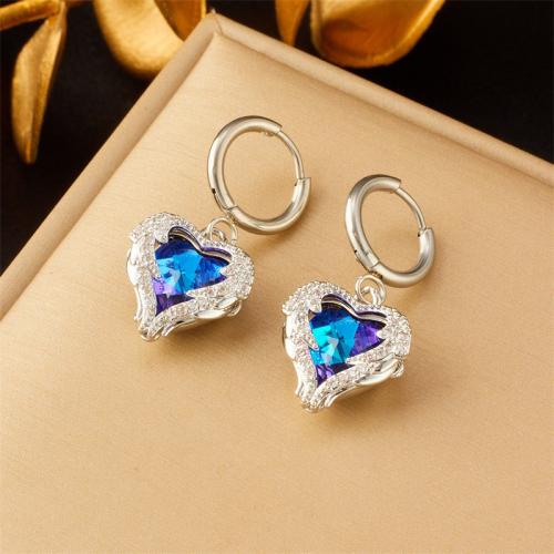 Titanium Steel  Earring Heart plated fashion jewelry & for woman & with rhinestone original color 30mm Sold By Pair