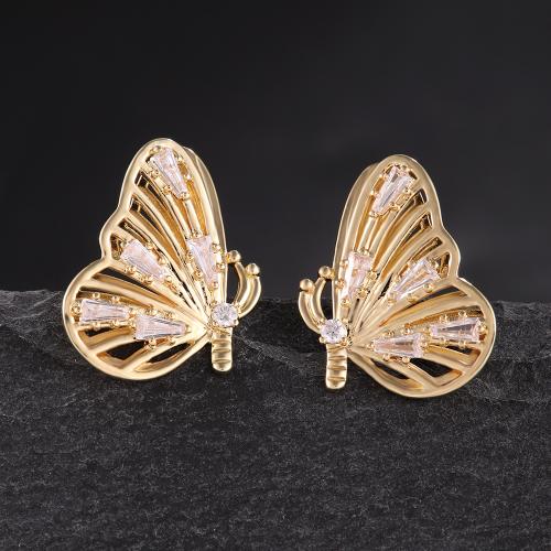 Cubic Zirconia Micro Pave Latão Brinco, cobre, Borboleta, banhado, joias de moda & micro pavimento em zircônia cúbica & para mulher, dourado, vendido por par